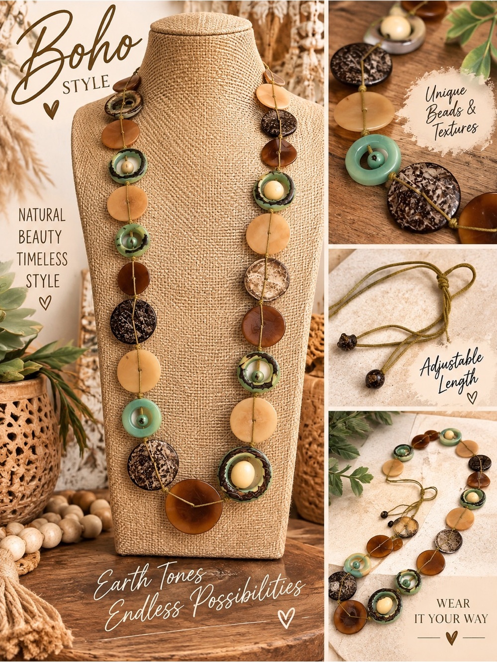 Boho Earth-Tone Beaded Necklace - Green and Brown